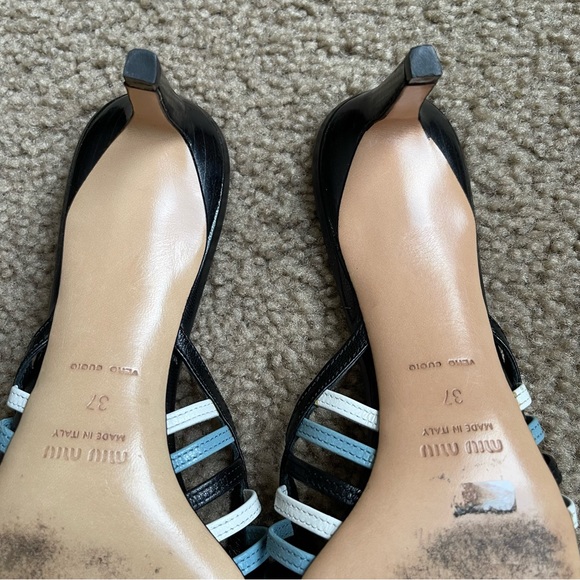 MIU MIU Blue/Black Leather Low Heeled Slides Sz 37 - Picture 9 of 12